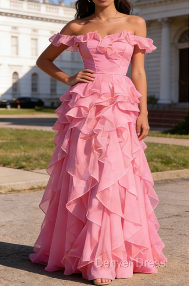 Pink Ruffled A-Line Square Neck Long Prom Dresses