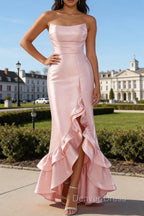 Pink Ruffled Sheath Strapless Satin Long Prom Dresses with Slit