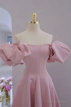 Pink Satin A Line Floor Length Prom Dress, Pink Satin Short Sleeves Prom Dresses