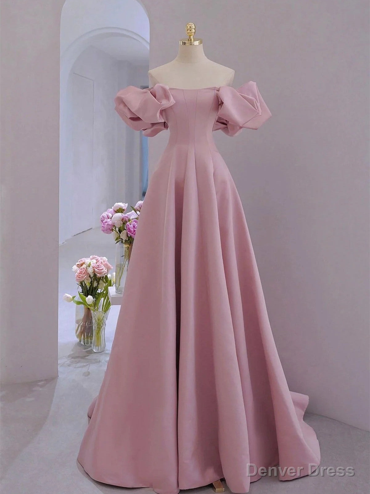 Pink Satin A Line Floor Length Prom Dress, Pink Satin Short Sleeves Prom Dresses