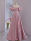 Pink Satin A Line Floor Length Prom Dress, Pink Satin Short Sleeves Prom Dresses