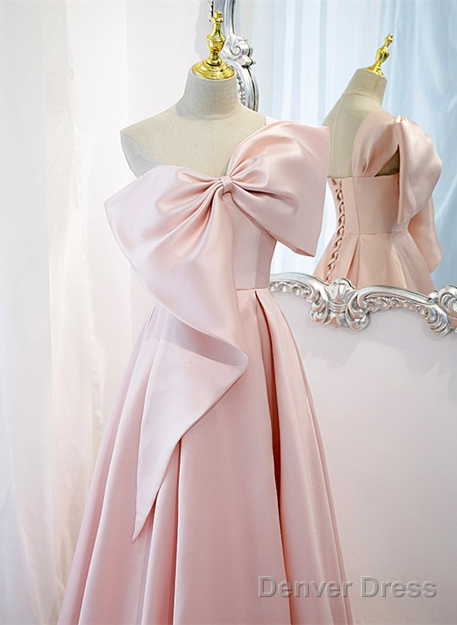 Pink Satin A Line Prom Dress With Bow, One Shoulder Pink Prom Dresses Secondary image