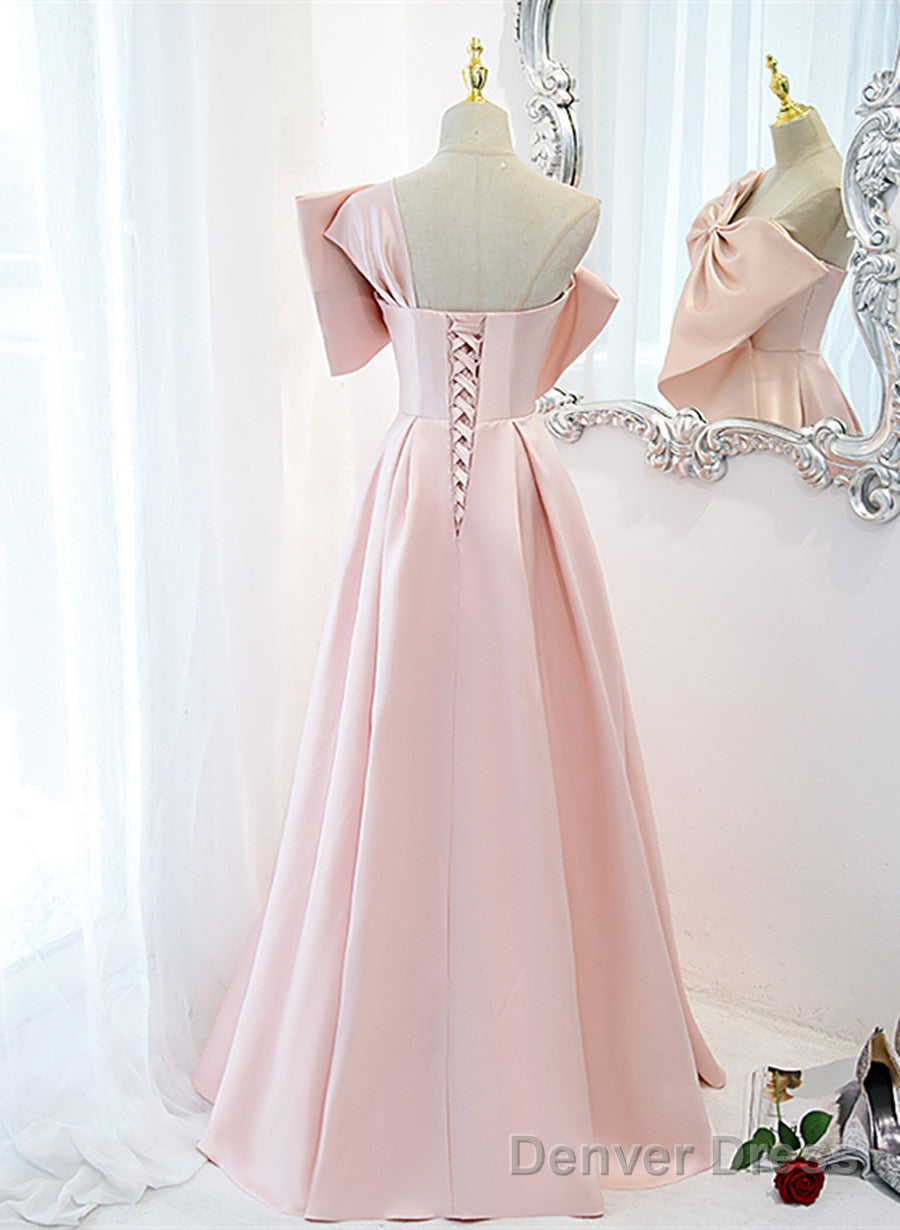 Pink Satin A Line Prom Dress With Bow, One Shoulder Pink Prom Dresses