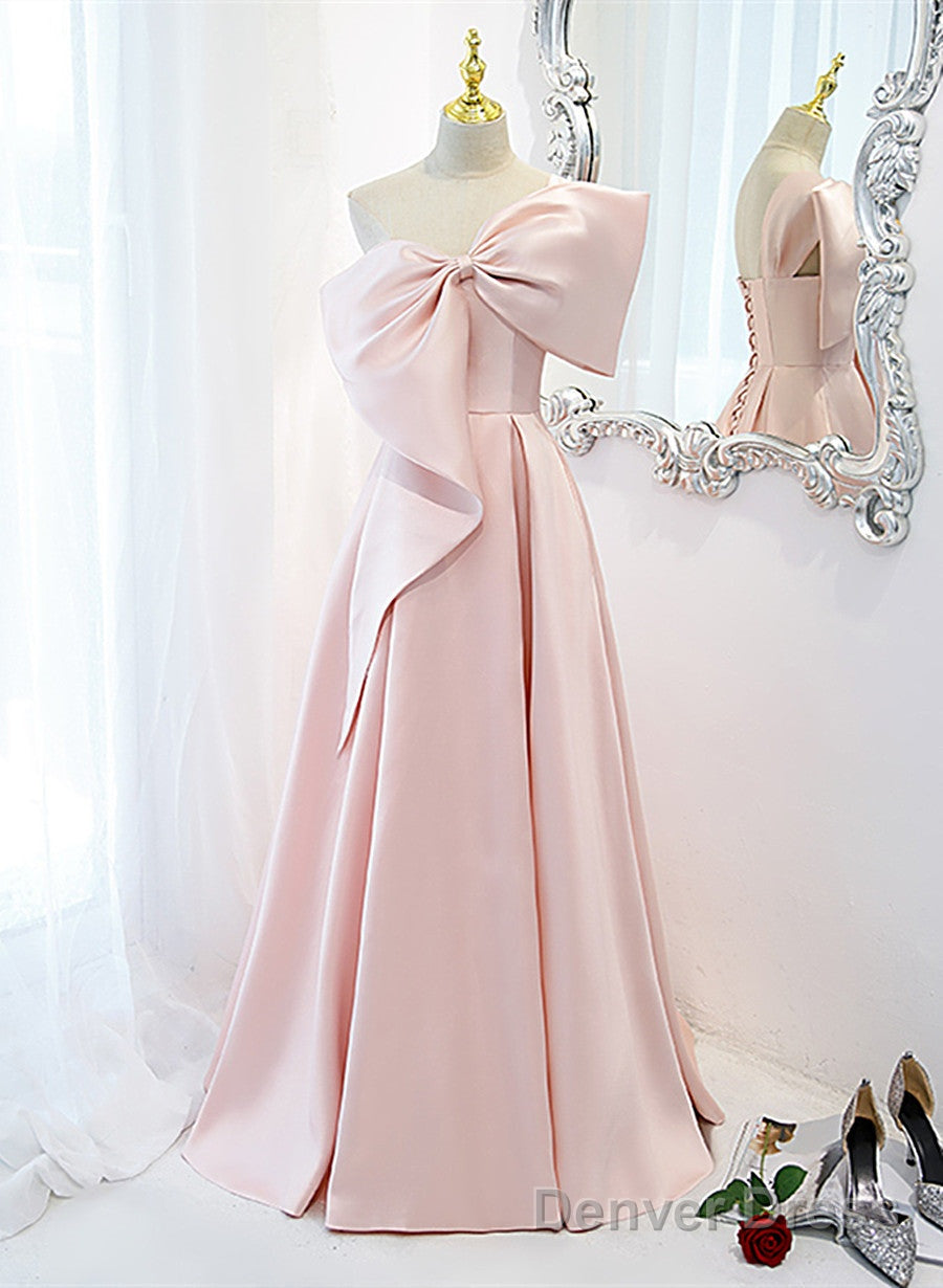 Pink Satin A-Line Party Dress With Bow, One Shoulder Pink Prom Dress Main image