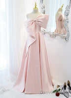 Pink Satin A Line Prom Dress With Bow, One Shoulder Pink Prom Dresses