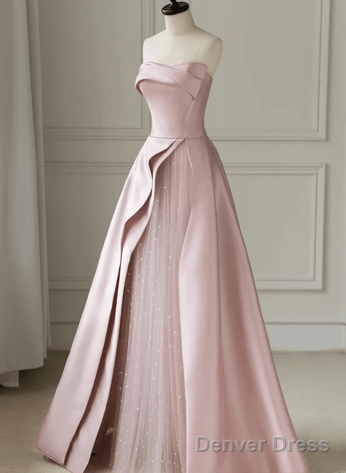 Pink Satin And Tulle Long Party Dress, A-Line Pink Prom Dress