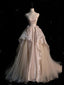 Pink Satin And Tulle Scoop Long Prom Dress, Pink A-Line Flowers Prom Dresses