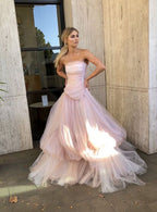 Light Pink Tulle Long Prom Dress, Pink Tulle Prom Dresses