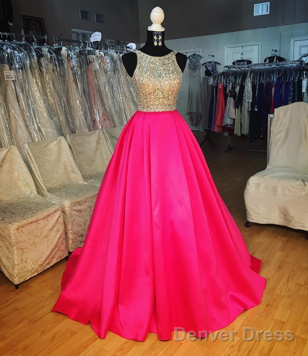 Pink Satin Ball Gowns Prom Dresses Crystal Beaded  Luxury Evening Gowns