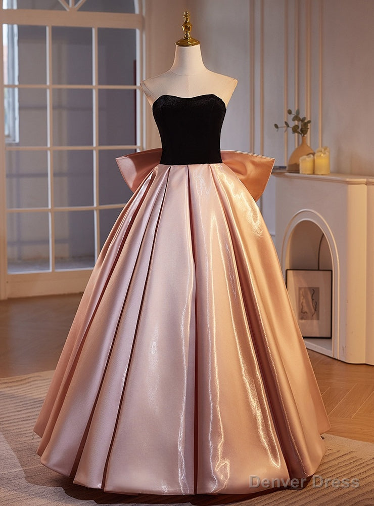 Pink Satin Black Velvet Strapless Prom Dresses Main image