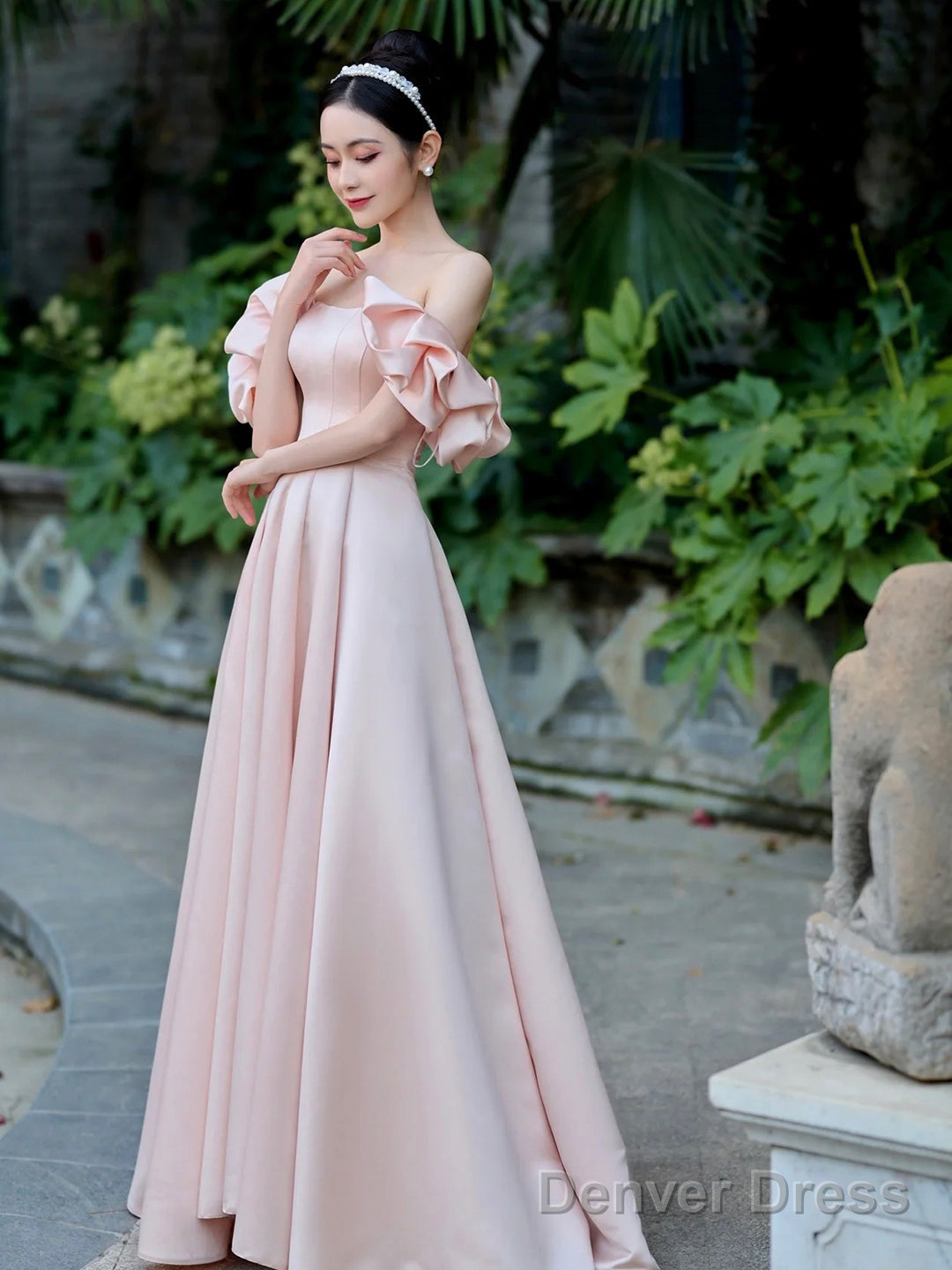 Pink Satin Floor Length Prom Dress, Off The Shoulder Prom Dresses