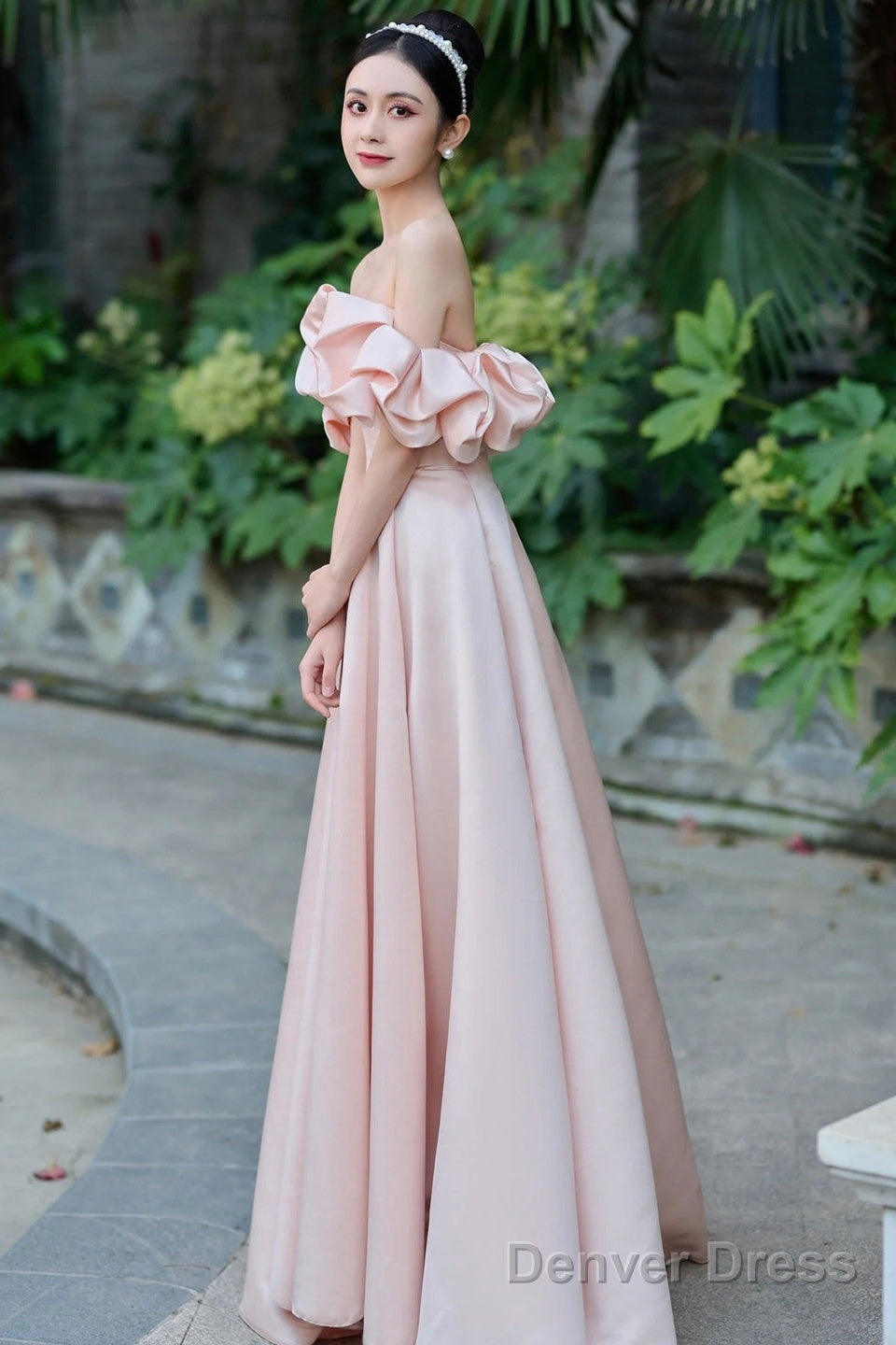 Pink Satin Floor Length Prom Dress, Off The Shoulder Prom Dresses
