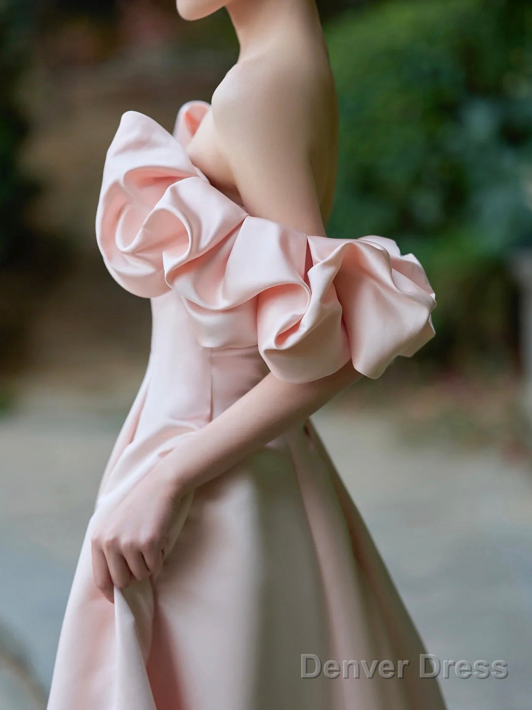 Pink Satin Floor Length Prom Dress, Off The Shoulder Prom Dresses