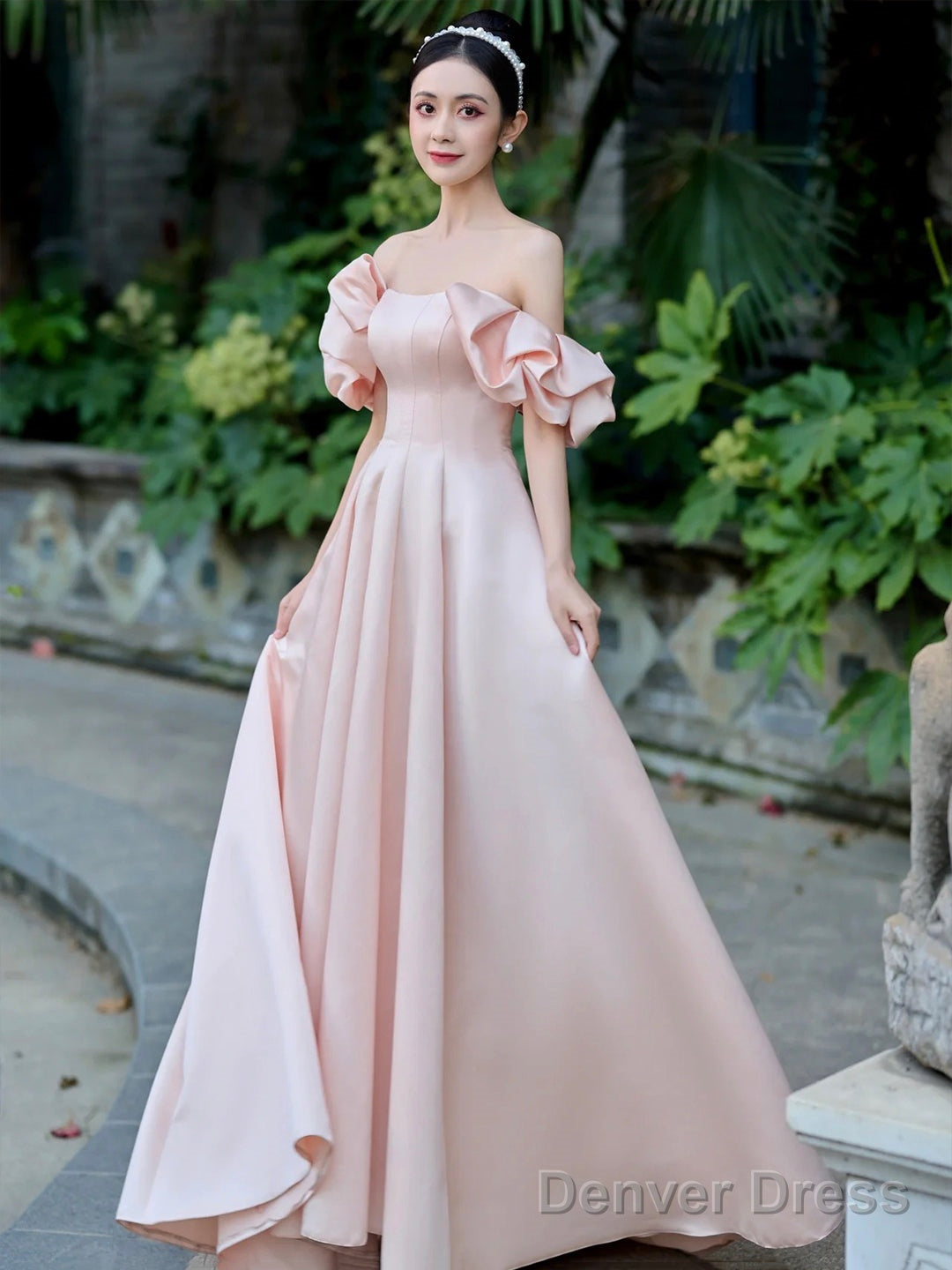 Pink Satin Floor Length Prom Dress, Off The Shoulder Prom Dresses Main image