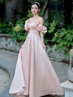 Pink Satin Floor Length Prom Dress, Off The Shoulder Prom Dresses