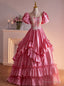 Pink Satin High Neck Short Sleeve Appliques Quinceanera Dresses