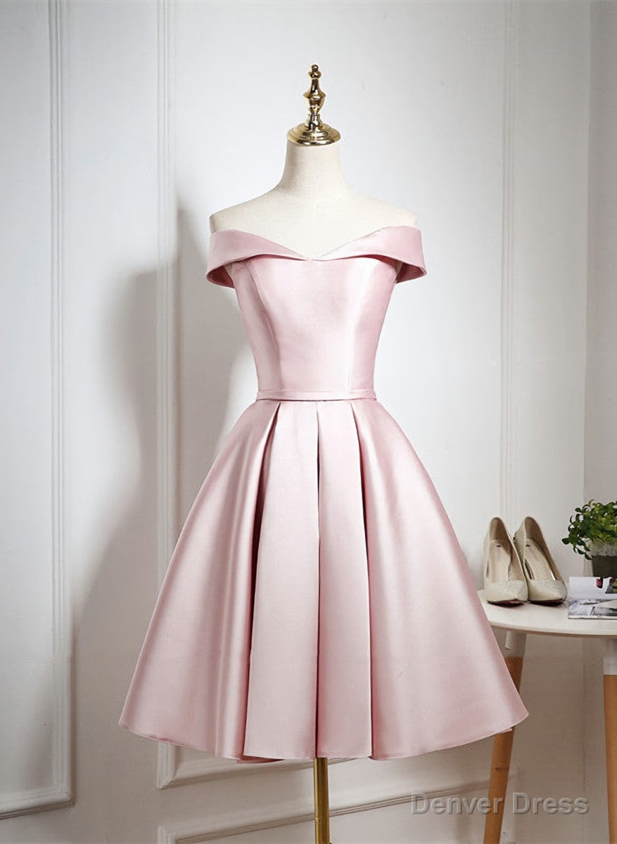 Pink Satin Knee Length Homecoming Dress, Off the Shoulder Homecoming Dress Secondary image