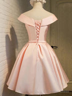 Pink Satin Knee Length Prom Dress , Homecoming Dresses