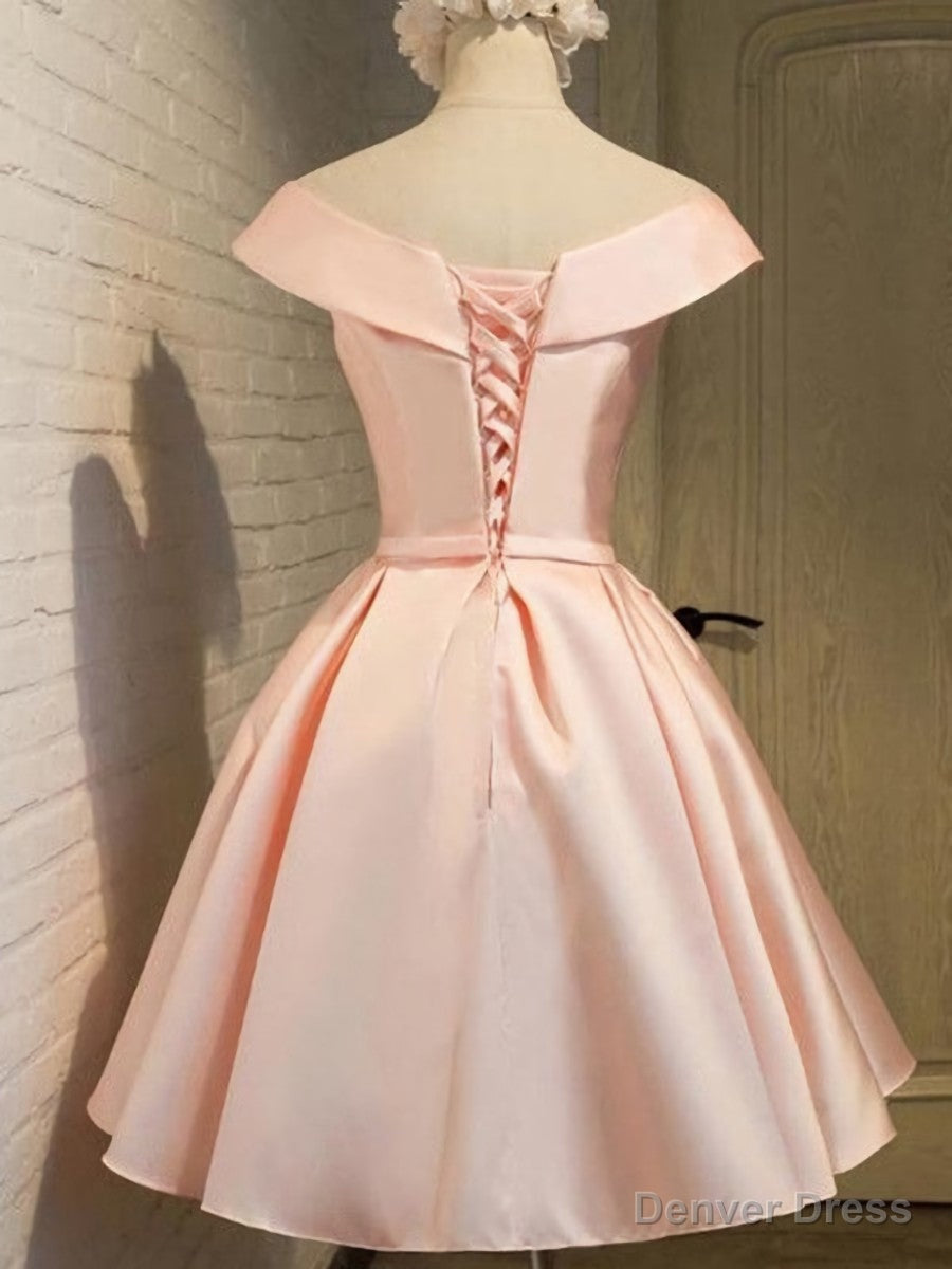 Pink Satin Knee Length Prom Dress , Homecoming Dresses