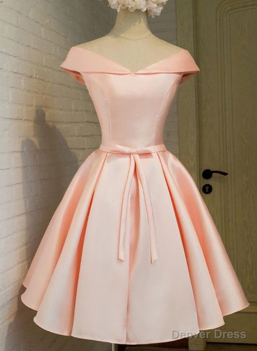 Pink Satin Knee Length Prom Dress , Homecoming Dresses