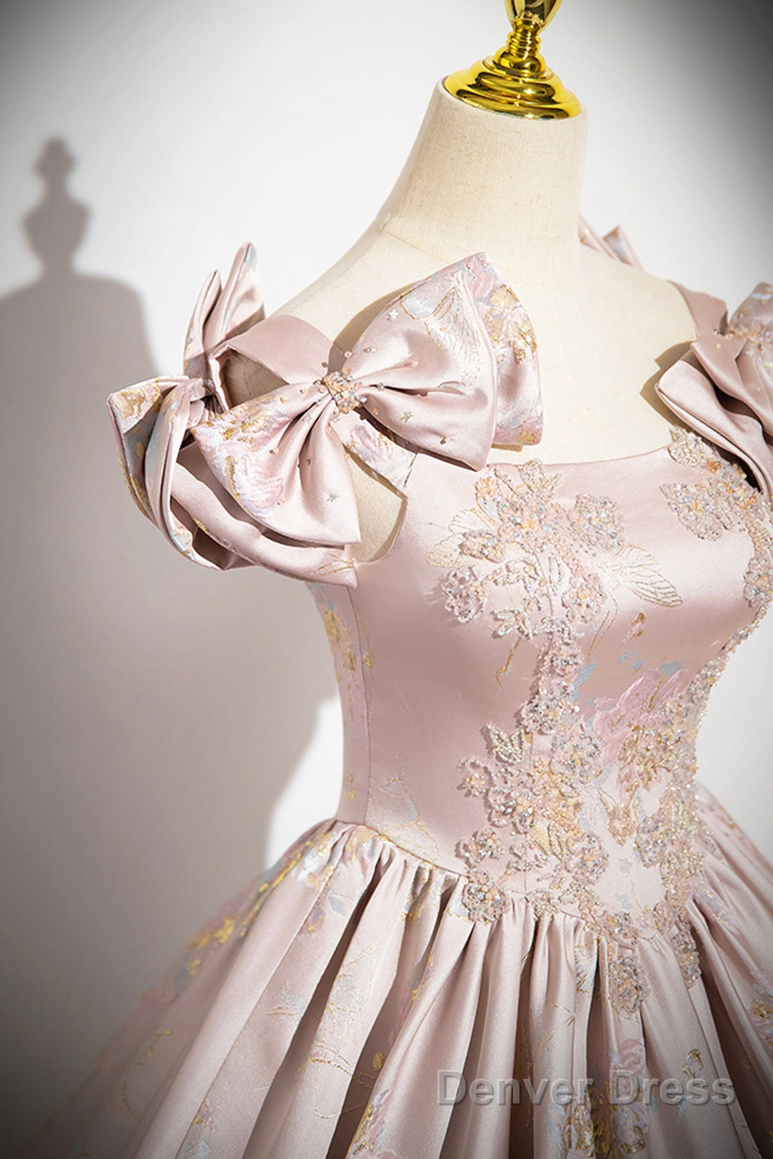 Pink Satin Lace Long Prom Dress, A-Line Scoop Neckline Formal Evening Dress Secondary image