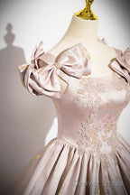 Pink Satin Lace Long Prom Dress, A-Line Scoop Neckline Prom Dresses