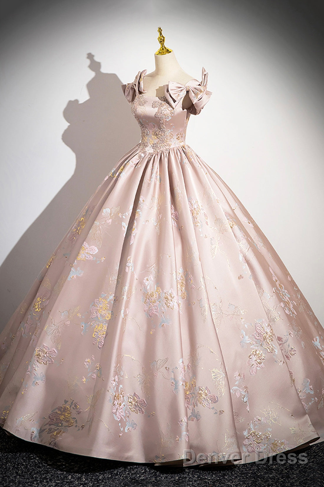 Pink Satin Lace Long Prom Dress, A-Line Scoop Neckline Prom Dresses