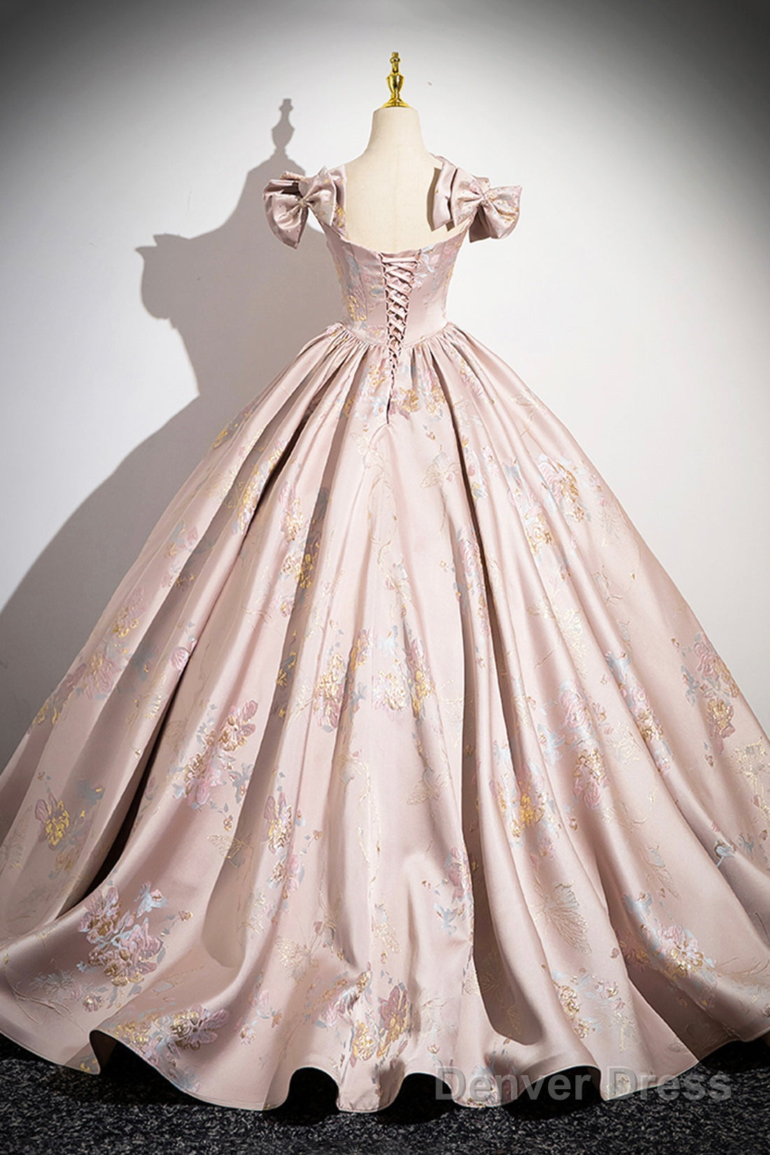 Pink Satin Lace Long Prom Dress, A-Line Scoop Neckline Prom Dresses