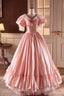 Pink Satin Lace Long Prom Dress, Pink Short Sleeve Evening Party Dress