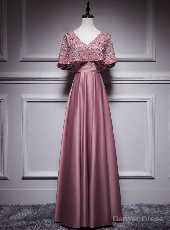 Pink Satin Lace V Neck Bat Pearls Prom Dresses Main image