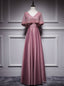 Pink Satin Lace V Neck Bat Pearls Prom Dresses