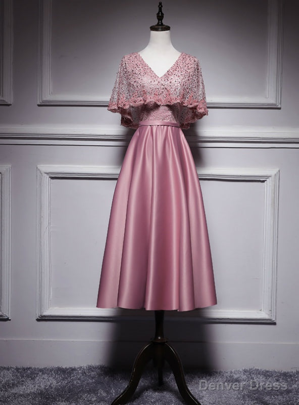 Pink Satin Lace V Neck Bat Pearls Tea Length Prom Dresses Main image