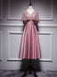 Pink Satin Lace V Neck Bat Pearls Tea Length Prom Dresses