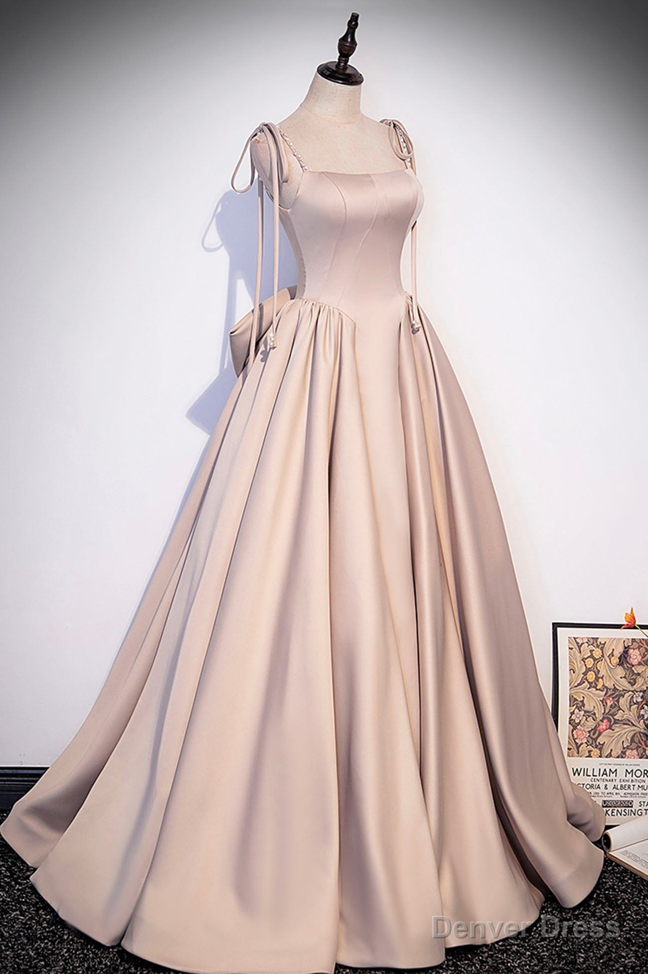 Pink Satin Long A Line Prom Dress, Cute Spaghetti Strap Prom Dresses with Bow
