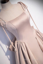 Pink Satin Long A-Line Prom Dresses, Pink Spaghetti Straps Party Dresses With Bow