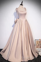 Pink Satin Long A-Line Prom Dresses, Pink Spaghetti Straps Party Dresses With Bow