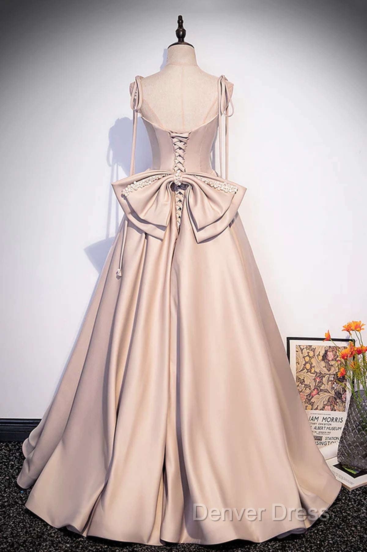 Pink Satin Long A-Line Prom Dresses, Pink Spaghetti Straps Party Dresses With Bow