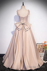 Pink Satin Long A-Line Prom Dress, Pink Spaghetti Straps Party Dress With Bow