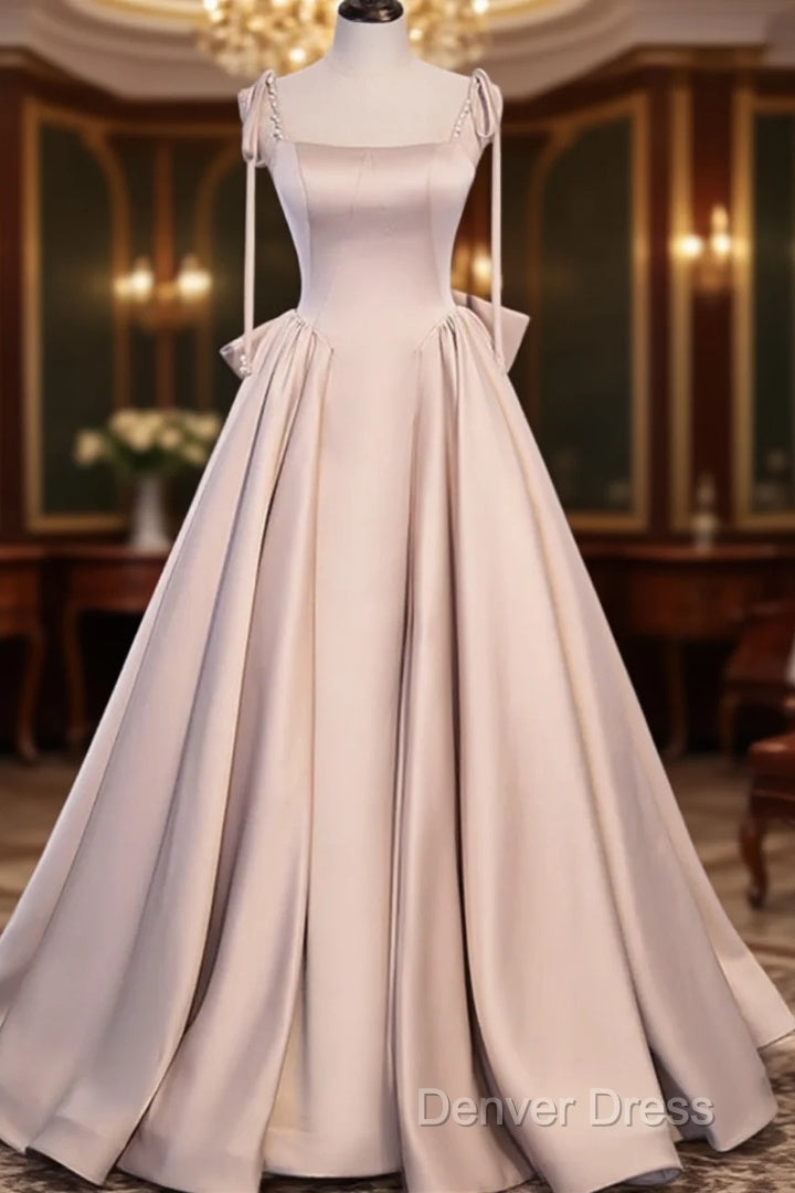 Pink Satin Long A Line Prom Dress, Pink Spaghetti Straps Prom Dresses With Bow