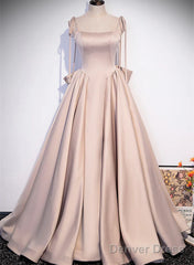 Pink Satin Long A-Line Prom Dress, Pink Spaghetti Straps Party Dress With Bow