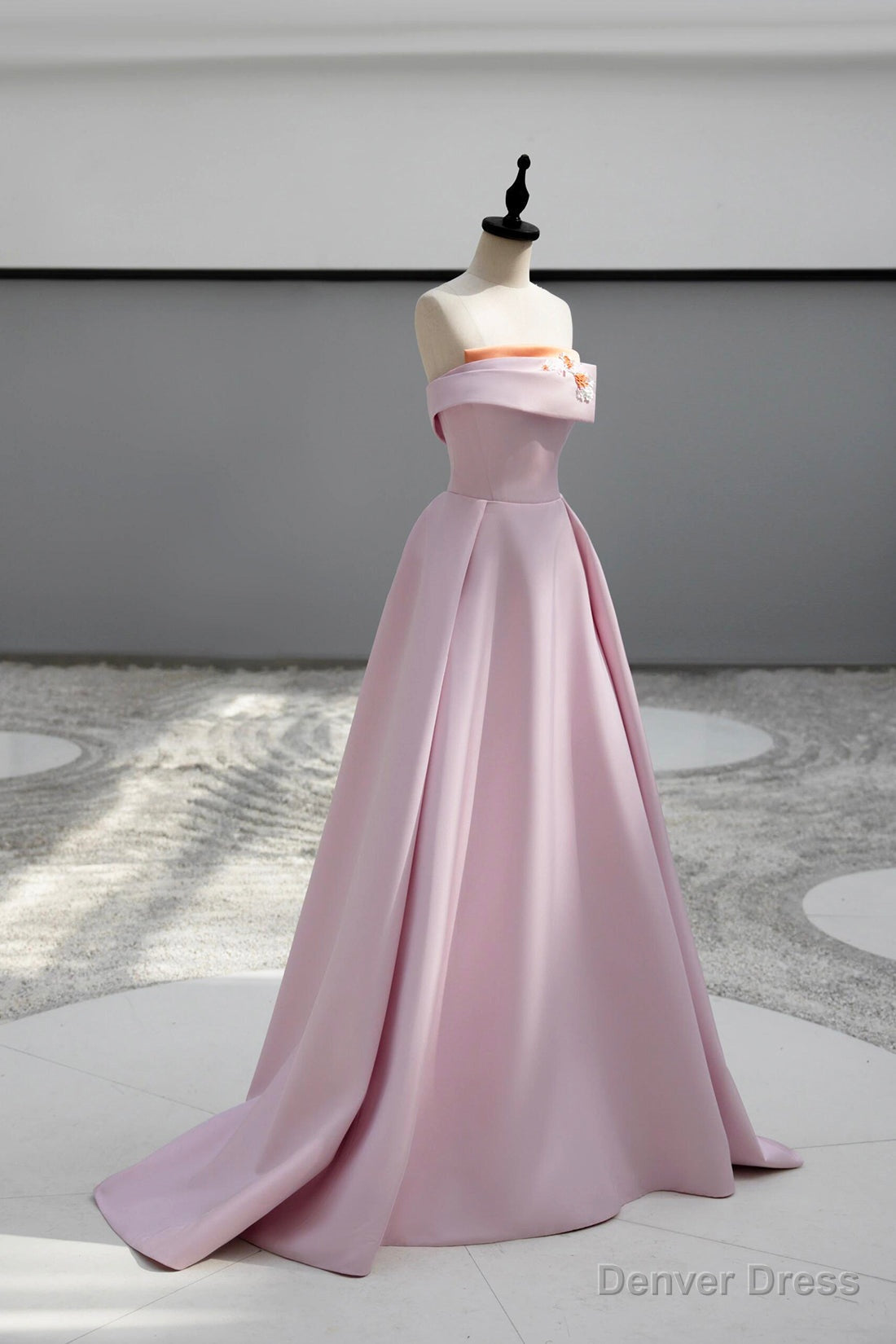 Pink Satin Long A Line Prom Dress, Pink Strapless Prom Dresses