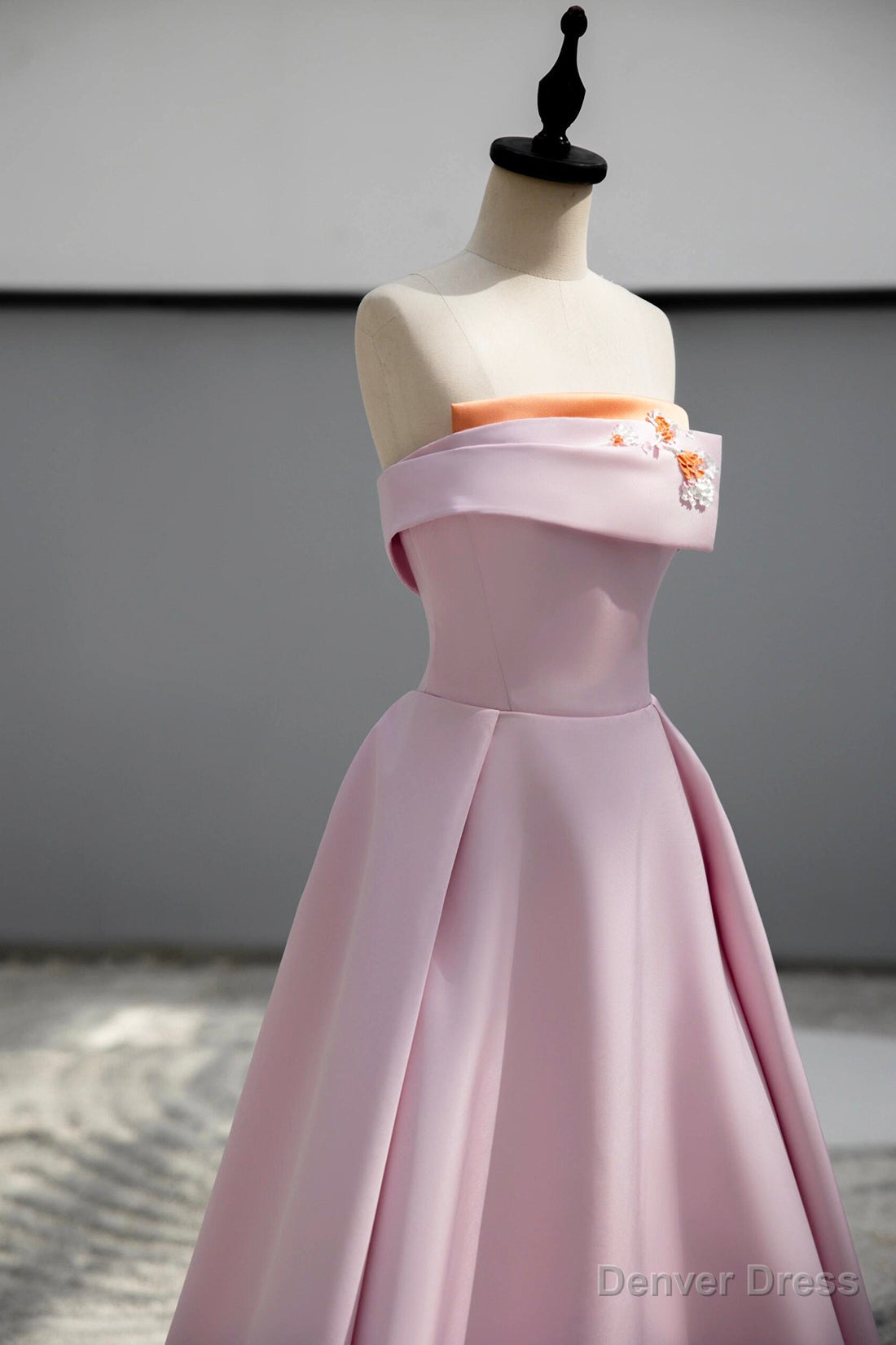 Pink Satin Long A Line Prom Dress, Pink Strapless Prom Dresses