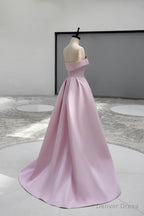 Pink Satin Long A Line Prom Dress, Pink Strapless Prom Dresses