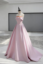 Pink Satin Long A Line Prom Dress, Pink Strapless Prom Dresses