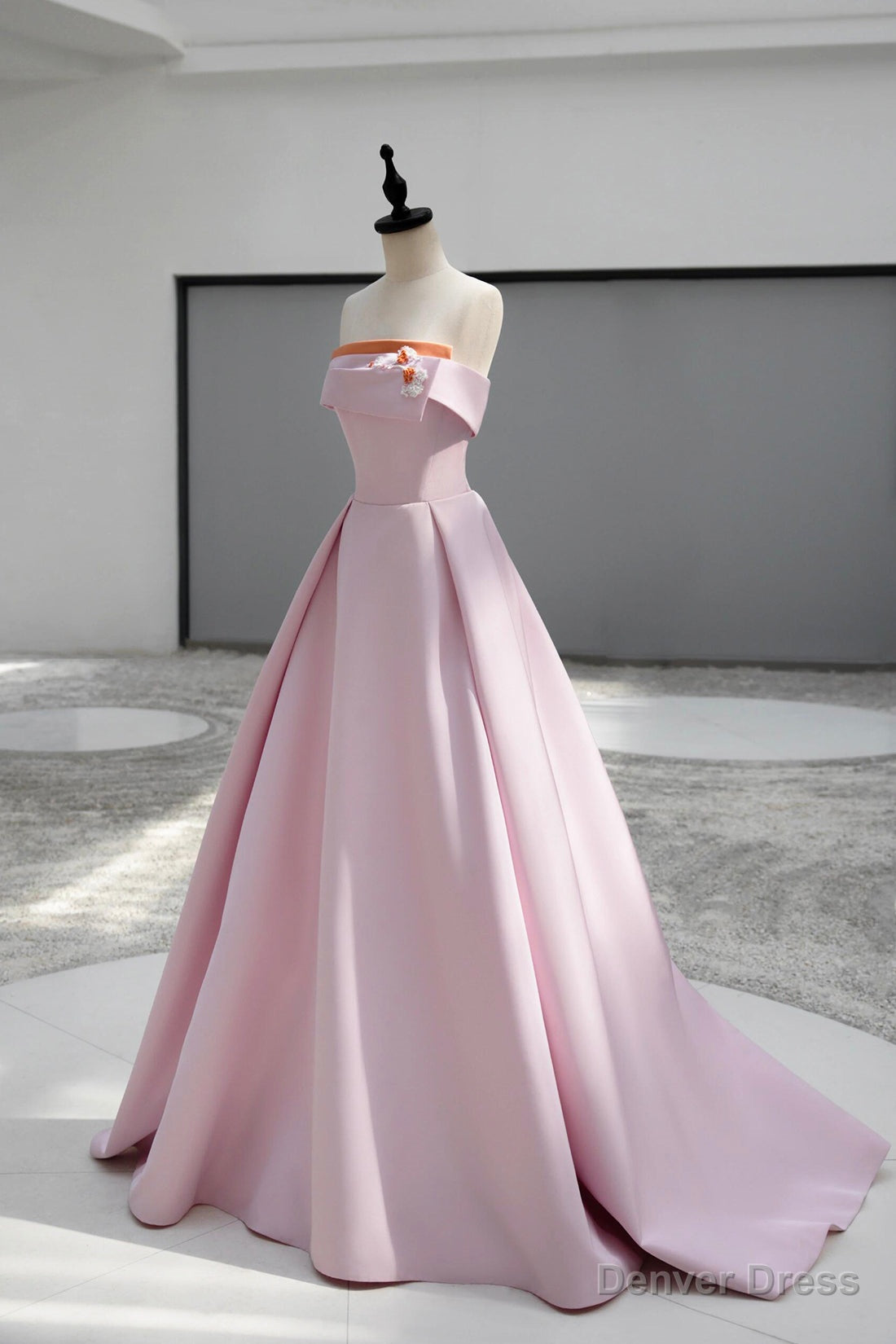 Pink Satin Long A Line Prom Dress, Pink Strapless Prom Dresses