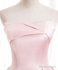 Pink Satin Long Party Dress with Pearls, Floor Length Party Dres Wedding Party Dress