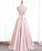 Pink Satin Long Prom Dress with Pearls, Floor Length Prom Dres Wedding Prom Dresses