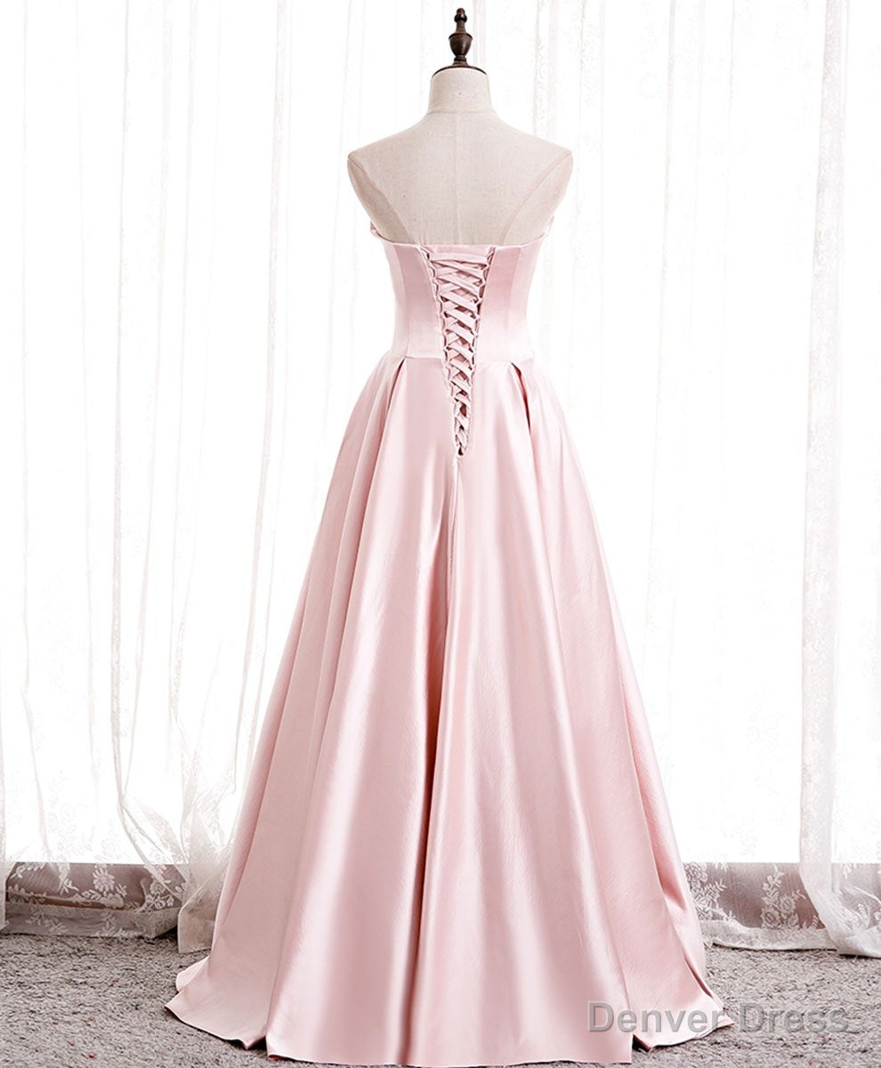 Pink Satin Long Prom Dress with Pearls, Floor Length Prom Dres Wedding Prom Dresses