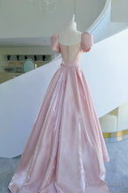 Pink Satin Long Prom Dress, A Line Prom Dresses with Bow