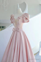Pink Satin Long Prom Dress, A Line Prom Dresses with Bow